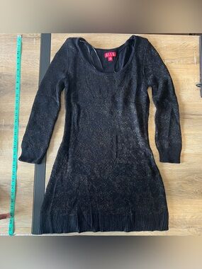 ELLE Black Metallic/Lurex Knit, Long Sleeve, Tunic Sweater with Open Weave